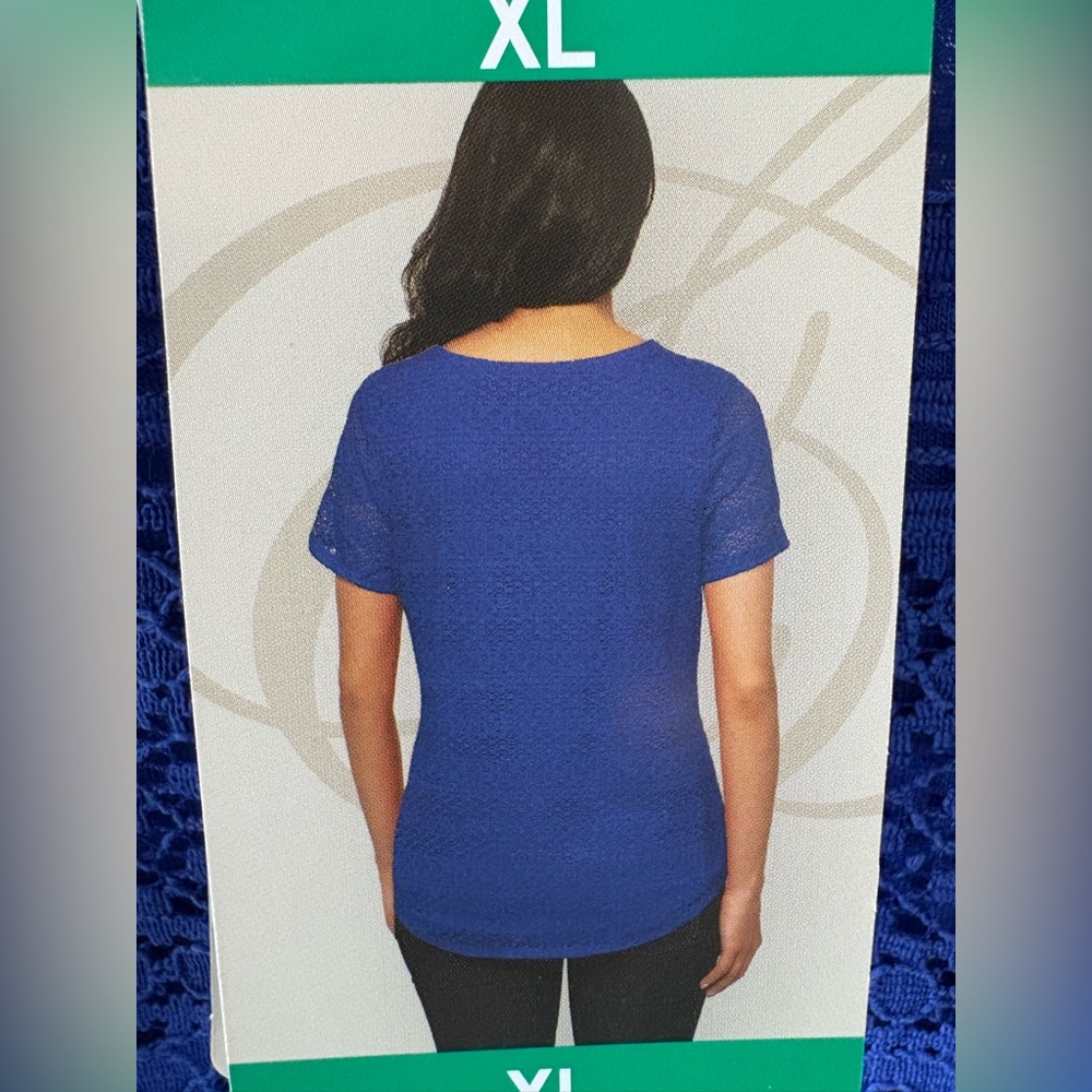 NEW WITH TAGS: Leo & Nicole Blue Lace Lined Short Sleeve Blouse, Sheer SleevesXL - Picture 4 of 6